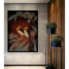 Büyülü Iki Kuş ve Eukaliptüs Çiçekleri Yağlı Boya Görünümlü Ahşap Dekoratif  Tablo Çerçeve Görünümlü