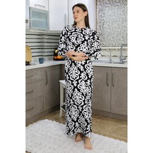 İbrahim Burak Etiler Collection Moda Çizgi Kadın Uzun Kol Penye Gecelik Ev Elbisesi Siyah 25500