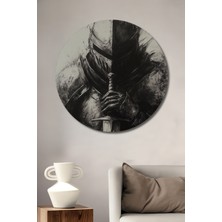 Cesur Şövalye Kara Kalem Görünümlü Ahşap Dekoratif Tablo Yuvarlak Duvar Tablosu