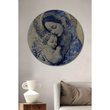 Meryem Ana ve Çocuk Isa Yağlı Boya Görünümlü Dekoratif Ahşap Tablo Yuvarlak Duvar Tablosu