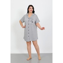 İbrahim Burak Etiler Collection Moda Çizgi Büyük Beden Penye Düğmeli Gri Tunik Gecelik 1025