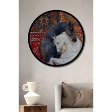 Iki At ve Güneş Kadın Desenli Ahşap Dekoratif Tablo Yuvarlak Duvar Tablosu Çerçeve Görünümlü