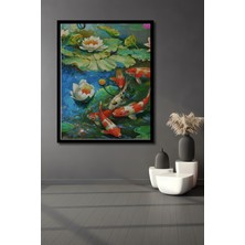 Canlı Koi Balıkları ve Nilüfer Çiçekleri Yağlı Boya Görünümlü Ahşap  Tablo Çerçeve Görünümlü