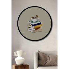 Kitap ve Kahve Molası Modern Sanat Tablosu Ahşap Tablo Yuvarlak Duvar Tablosu Çerçeve Görünümlü