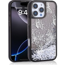Oyo Store iPhone 16 Pro Max Uyumlu Kılıf Sıvılı Simli Kelebek Baskılı Şeffaf Arka Yüzey Oyo Glis Silikon Kapa