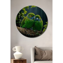 Sevgi Dolu Papağan Çifti Yağlı Boya Görünümlü Ahşap Dekoratif Tablo Yuvarlak Duvar Tablosu