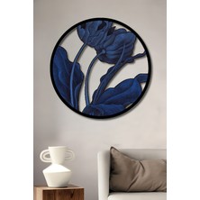 Masalsı Mavi Lale Suluboya Görünümlü Ahşap Dekoratif Tablo Yuvarlak Duvar Tablosu Çerçeve Görünümlü