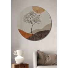 Soyut Ağaç Güneş Manzarası Yağlı Boya Görünümlü Dekoratif Ahşap Tablo Yuvarlak Duvar Tablosu