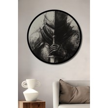 Cesur Şövalye Kara Kalem Görünümlü Ahşap Dekoratif Tablo Yuvarlak Duvar Tablosu Çerçeve Görünümlü