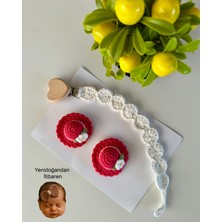 Livadesign7 Yenidoğan Saçsız Bebek Tokası ve Emzik Askısı El Emeği Örgü 3'lü Set