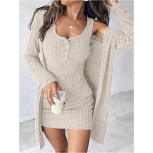 byasafkids Kadın Askılı Yuvarlak Yakalı Önü Düğmeli Şardonlu Kaşkorse Mini Elbise ve Kısa Ceket