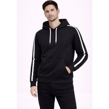 Velmora Fashion Erkek Şeritli Kapüşonlu Sweatshirt Oversize 3 Iplik Pamuklu - Siyah