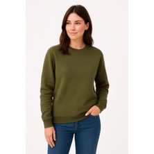 Velmora Fashion Velmora Premium Üç Iplik Düz Bisiklet Yaka Sweatshirt - Haki