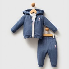 U.S. Polo Assn. Us Polo Kız  Kapüşonlu Sweatshır Baskılı Body 3lü Alt Üst Takım - 2778US - Mavi - 12 Ay Mavi