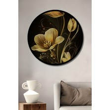 Altın Lale Çiçek Yağlı Boya Görünümlü Dekoratif Ahşap Tablo Yuvarlak Duvar Tablosu Çerçeve Görünümlü