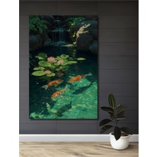 Canlı Koi Balıklı Şelale Manzaralı Yağlı Boya Görünümlü Dekoratif Ahşap Ev,antre,salon,ofis Tablo