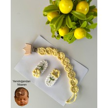 Livadesign7 Yenidoğan Saçsız Bebek Tokası ve Emzik Askısı El Emeği Örgü 3'lü Set