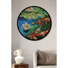 Canlı Koi Balıkları ve Nilüfer Çiçekleri Ahşap Tablo Yuvarlak Tablo Çerçeve Görünümlü