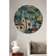 Renk Cümbüşü Evler Sulu Boya Görünümlü Ahşap Dekoratif Tablo Yuvarlak Duvar Tablosu