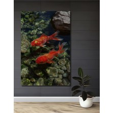 Altın Balıkları Ile Büyülü Doğanın Buluşması Sulu Boya Görünümlü Ahşap Dekoratif Tablo