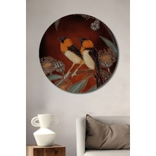 Büyülü Iki Kuş ve Eukaliptüs Çiçekleri Yağlı Boya Görünümlü Ahşap Tablo Yuvarlak Duvar Tablosu