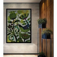 Yeşil Doğa Kuş Figürlü Pastel Boya Görünümlü Modern Sanat Ahşap Ofis,mutfak Tablo Çerçeve Görünümlü