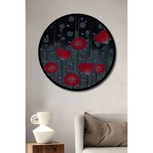 Kırmızı Gelincik Çiçekleri Yağlı Boya Görünümlü Ahşap Tablo Yuvarlak Duvar Tablosu Çerçeve Görünümlü