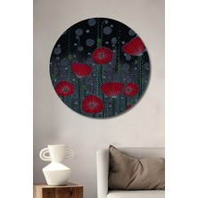 Kırmızı Gelincik Çiçekleri Yağlı Boya Görünümlü Ahşap Dekoratif Tablo Yuvarlak Duvar Tablosu