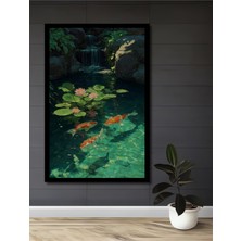 Canlı Koi Balıklı Şelale Manzaralı Yağlı Boya Görünümlü Ahşap Ev,antre,ofis Tablo Çerçeve Görünümlü