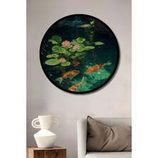 Canlı Koi Balıklı Şelale Manzaralı Yağlı Boya Görünümlü Ahşap Tablo Yuvarlak Tablo Çerçeve Görünümlü