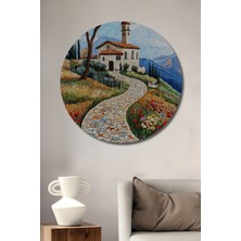 Italyan Köy Manzarası Mozaik Ahşap Dekoratif Tablo Yuvarlak Duvar Tablosu