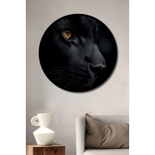 Büyüleyici Kara Panter Gerçekçi Siyah Beyaz Görünüm Ahşap Tablo Yuvarlak Duvar Tablo Çerçeve Görünüm