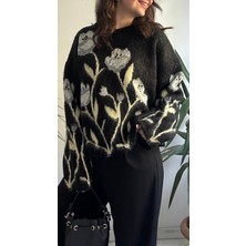 Lasorella Butik Kadın Siyah Çiçekli Kazak