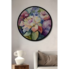 Bahar Çiçekleri Sulu Boya Görünümlü Ahşap Dekoratif Tablo Yuvarlak Duvar Tablosu Çerçeve Görünümlü