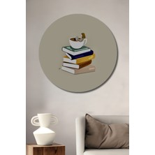 Kitap ve Kahve Molası Modern Sanat Tablosu Ahşap Dekoratif Tablo Yuvarlak Duvar Tablosu
