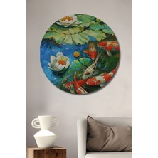 Canlı Koi Balıkları ve Nilüfer Çiçekleri Yağlı Boya Görünümlü Ahşap Tablo Yuvarlak Duvar Tablosu