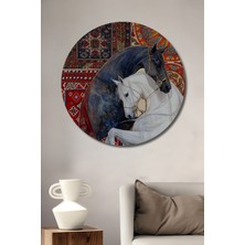 Iki At ve Güneş Kadın Desenli Ahşap Dekoratif Tablo Yuvarlak Duvar Tablosu