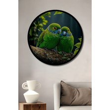 Sevgi Dolu Papağan Çifti Yağlı Boya Görünümlü Ahşap Tablo Yuvarlak Duvar Tablosu Çerçeve Görünümlü