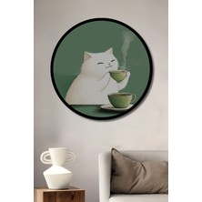 Beyaz Kedi Yeşil Çay Keyfi Suluboya Görünümlü Ahşap Tablo Yuvarlak Duvar Tablosu Çerçeve Görünümlü