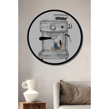Yağlı Boya Görünümlü Kadın Kahve Makinesi Ahşap Tablo Yuvarlak Duvar Tablosu Çerçeve Görünümlü