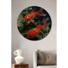 Altın Balıkları Ile Büyülü Doğanın Buluşması Sulu Boya Görünümlü Ahşap Tablo Yuvarlak Duvar Tablosu