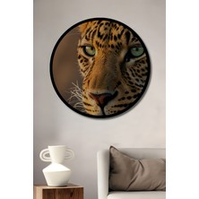 Büyüleyici Leopar Gözleri Yağlı Boya Görünümlü Ahşap Tablo Yuvarlak Duvar Tablosu Çerçeve Görünümlü