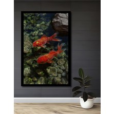 Altın Balıkları Ile Büyülü Doğanın Buluşması Sulu Boya Görünümlü Ahşap Tablo Çerçeve Görünümlü