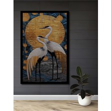 Altın Güneş ve Iki Leylek Yağlı Boya Görünümlü Ahşap Ev,antre,ofis,mutfak Tablo Çerçeve Görünümlü