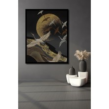 Altın Ay Işığında Kanatlanan Turnalar Yağlı Boya Görünümlü Ahşap Dekoratif  Tablo Çerçeve Görünümlü