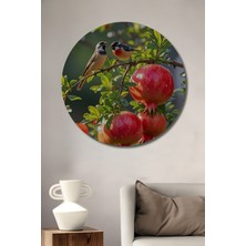 Iki Kuş ve Nar Ağacı Yağlı Boya Görünümlü Ahşap Dekoratif Tablo Yuvarlak Duvar Tablosu