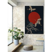 Japon Sanatından Kırmızı Güneş ve Turna Kuşu Desenli Ahşap Dekoratif Ev,antre,salon,ofis Tablo