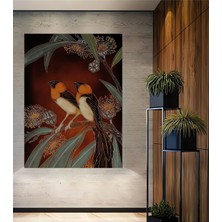 Büyülü Iki Kuş ve Eukaliptüs Çiçekleri Yağlı Boya Görünümlü Ahşap Dekoratif Ev,antre,salon Tablo