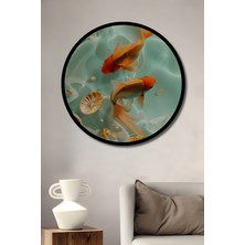 Altın Balık Suyu Dansı Sulu Boya Görünümlü Ahşap Tablo Yuvarlak Duvar Tablosu Çerçeve Görünümlü