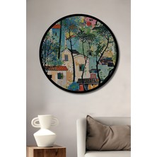 Renk Cümbüşü Evler Sulu Boya Görünümlü Ahşap Tablo Yuvarlak Duvar Tablosu Çerçeve Görünümlü